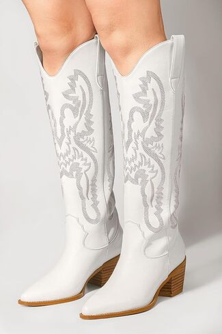 Ouepiano Cowboy Boots for Women Knee High Boots Embroidered Metallic Western Tall Long Cowgirl Boot Pointed Toe Chunky Heel Pull On in Saudi Arabia