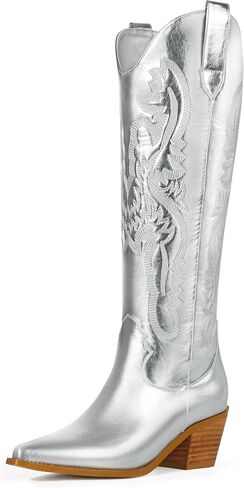 Ouepiano Cowboy Boots for Women Knee High Boots Embroidered Metallic Western Tall Long Cowgirl Boot Pointed Toe Chunky Heel Pull On in Saudi Arabia