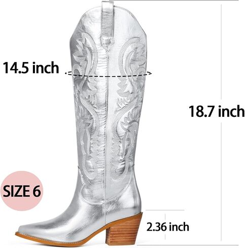 Ouepiano Cowboy Boots for Women Knee High Boots Embroidered Metallic Western Tall Long Cowgirl Boot Pointed Toe Chunky Heel Pull On in Saudi Arabia
