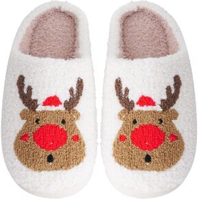 hoyuwak Christmas Slippers Xmas Slippers Elk Slide Slippers Raindeer Slippers Winter Holiday Slippers Indoor Outdoor Fluffy Warm Slippers for Women Men Family Couples