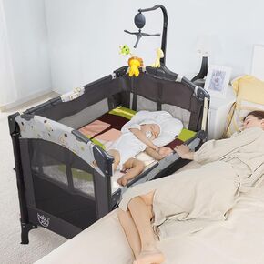 BABY JOY 4 in 1 Pack and Play, Baby Bedside Sleeper with Bassinet, 3 Adjustable Heights, Music Box, Easy to Install, Foldable Bedside Crib w/Changing Table, Playards from Newborn to Toddlers Rose