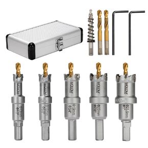 5Pcs Hole Saw(13-25.5mm) TCT Carbide Hole Saw Kit for Hard Metal, Extra 2xTitanium & 1xStepped Pilot Drill bits and 2Pcs Hex Key for Stainless Steel, Iron,Aluminum,Alloy,Metal