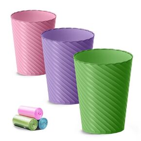 Bathroom Trash Can, 3 Pack 1.8 Gallons Small Trash Can with Trash Bags, Bathroom Garbage Can, Plastic Trash Bin, Round Waste Basket for Bathroom, Bedroom, Office, Kitchen, Room, Compact Space (White)