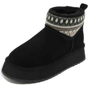 Mel&Syd Sheepskin Boots Boho Vintage Tribal Knitted Classic Ultra Mini Ankle Winter Boots Height Increasing Shoes for Women Rubber Anti-Slip Shearling Furry Snow Booties Comfortable Warm Breathable