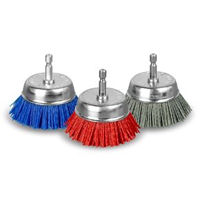 SALI 6Pack 3 Inch Cup Brush Nylon Filament Abrasive Wire Brush Wheel with 1/4 Inch Hex Shank, Three Grits Nylon Drill Brush Set for Removal of Rust Corrosion Paint