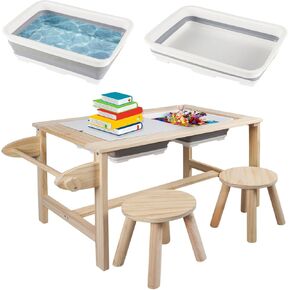 Kids Sensory Bins Table with 2 Stool, Multifunctional Children Interactive Activity Wooden Table Set for 1-3 Years, Drawing Table Play Sand & Water Table Children's Table with Storage Bins Lid