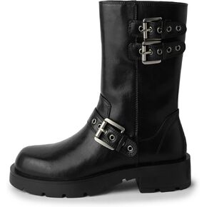 YIYA Women's Motorcycle Mid Calf Biker Boots Round Toe Chunky Low Heel Fashion Buckle Short Riding Combat Fall Boots
