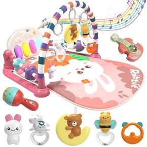 Baby Play Mat Baby Gym,Funny Play Piano Tummy Time Baby Activity Mat with 7 Infant Sensory Baby Toys, Music and Lights Boy & Girl Gifts for Newborn Baby 0-3-6-9-12 Months (Pink)