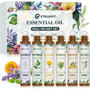 Essential Oils Roll On Set 6 Pack -(Lavender, Tea Tree, Peppermint, Citronella, Frankincense, Helichrysum) Aromatherapy Oil with Roller Ball, Essential Oils for Skin- Relaxation Gift for Women and Men
