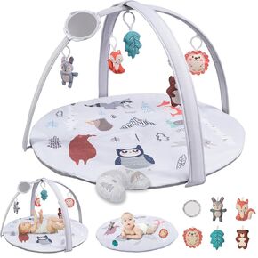 Baby Gym Play Mat, Baby Play Gym with 6 Detachable Sensory Toys, Foldable Tummy Time Activity Mat for Sensory & Motor Skills Development, Baby Toys Gift for 0-3, 3-6, 6-12 Months