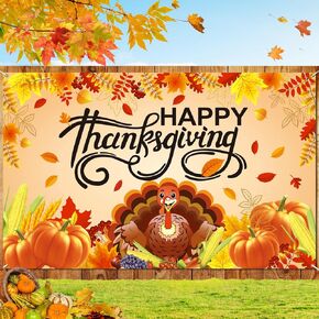 Happy Thanksgiving Backdrop Banner, 6X4FT Fall Backdrops for Photography Turkey Pumpkin Maple Leaves for Fall Party Decorations, Thanksgiving Party Decorations for Home Outside Office Porch Decor