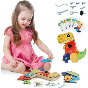 Montessori Screwdriver Board Dinosaur Jigsaw Puzzle Set,Wooden Montessori Toys for 3+ Year Old,Fine Motor Skills for Kids and Toddlers,Sensory Bin,STEM Toys,Gift for Boys Girls