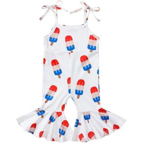 4th Of July Baby Girl Outfits Toddler Kids Sleeveless Halter Romper One Piece Bell-Bottom Independence Day Jumpsuit
