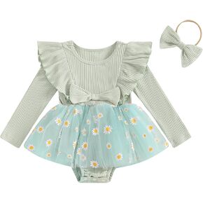 Baby Girl Romper Dress Floral Mesh Tulle Skirt Hem Knit Ruffle Bodysuit Jumpsuit Infant Photography Outfits