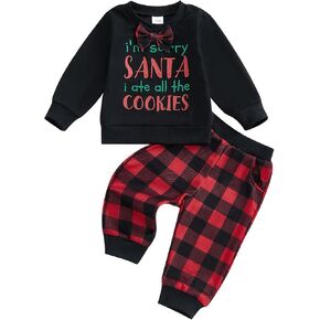 Toddler Baby Boy Girl Long Sleeve Plaid Pullover Sweatshirt Shirt+Trousers Two Piece Outfits Fall Winter Clothes