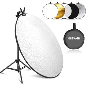 NEEWER 24"/60cm Light Reflector Kit, 5 in 1 Collapsible Round Reflector (Translucent/Silver/Gold/White/Black) w/Clamp, Mount Adapter & 21"-43"/53-110cm Stand for Low Angle Children Studio Photography