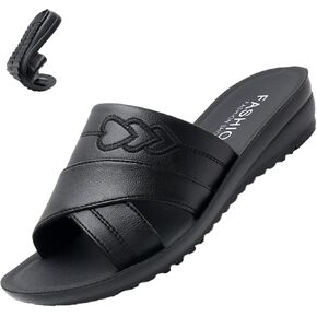 AngryMonkey Women's Vintage Wedge Stitch Slippers,Summer Lightweight Comfort Open Toe Casual Slide Softsole Leather Sandals