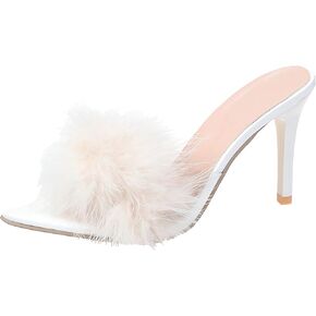 Women's Feather Heels, High Heels Pointed Toe Fuzzy Heels Fluffy Heels, Mules Sandals for Lingerie Wedding Bridal Party