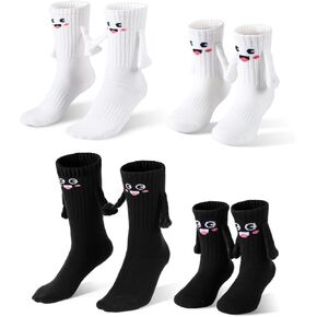 4Pairs Smile Family Magnetic Hand Holding Socks, L Size Kids + Adult White Black Socks Birthday Funny Gag Gifts Child