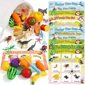Montessori Sorting Toy for Toddlers, 78Pcs Fine Motor Montessori Game Preschool learning Sensory Toys for 3+ Years Old, 13 Sets of Animals Fruits Dinosaurs Foods Farm Sorting Playset(78 Fun Toys)