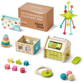 Montessori Toys Set for Baby 6-12 Month,5-in-1 Wooden Learning Toys with Sensory Teething,Object Permanence Box, Shape Sorting Stacking,Mirror Puzzle, Birthday Christmas Toy for 1 Year Old Girl Boy