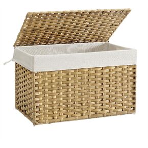 SONGMICS Storage Basket with Lid, 17.2 Gallon (65L) Storage Bin, Woven Blanket Storage Basket with Handles, Foldable, Removable Liner, Metal Frame, for Bedroom, Laundry Room, Brown URST56BR