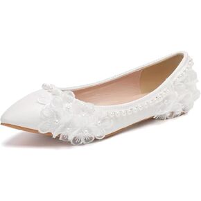 Dress First Women Low Heel Closed Toe Pumps Pointy Wedding Bridal Shoes with Stitching Lace