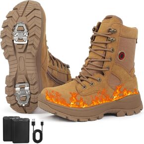 Heated Snow Boots for Men Women, Anti Skid Shoes with Steel Spikes on Outsole, Heating Warmer Outdoor Boots, with 5000mAh Rechargeable Battery, Waterproof Leather Surface, Fuzz Lining