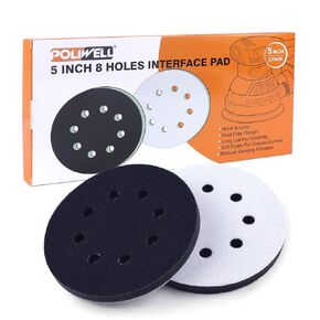 POLIWELL 5 Inch 8 Holes Interface Pad, 5" Orbital Sander Foam Pad for 5 in Orbital Sander, Hook and Loop Soft Sponge Cushion Buffing Pads Sanding Pads Backing Pads, Pack of 2