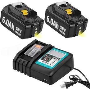 2Packs 6.0Ah Lithium Replacement for Makita 18V Battery and DC18RC Charger Compatible with BL1860 BL1850 BL1845 BL1840 BL1830 BL1820 BL1815 LXT400 194204-1 Cordless Power Tools in Kuwait