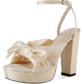 Soireelady Womens Platform Heels Bow Chunky Heels Open Toe High Heeled Sandals Ankle Strap Wedding Dress Shoes 5 Inches