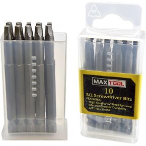 MaxTool 10PCs SQ2x3" Identical Screwdriver Bit Set; Square Head #2; 3" OAL; 1/4" Hex; S2 Premium Alloy Tool Steel; SQ2x3P10-S2