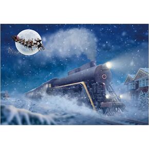 Funnytree 7x5FT Christmas Train Backdrop Winter Xmas Night Santa Claus Snow Railway Background New Year Eve Kids Party Banner Decor Supplies Photo Booth Props Favors