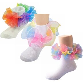 Toddler Girls Socks with Rainbow Lace Ruffle Trim Cotton Baby Socks Frilly Dress Socks for Little Girls