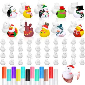 50 Pcs Christmas White Blank Rubber Ducks in Bulk, 2 Inch Christmas DIY Rubber Ducks with 12 Marker Pens Birthday Gift Xmas Winter Holiday Party Favors Decor Goodie Bag Fillers