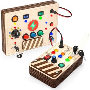 DINORUN Busy Board Montessori Wooden Sensory Toys for Toddlers with LED Light, Autism Sensory Products Travel Toys for 18+ Months Boys Girls Birthday Gifts (2 PCS)
