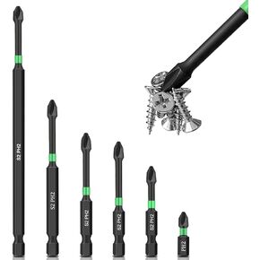 Phillips Bit,Impact Tough Phillips PH2 Magnetic Anti Slip Screwdriver Bit Set, Insert S2 Steel,1/4 Hex Shank Phillips Head Drill Screw Bits, 1 2 2.6 2.8 3.5 6 Inch Long 2 Phillips Bits Set,Bulk