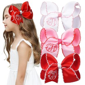 DEEKA 3PCS Initial Hair Bows 5.5" Monogrammed Moonstitch Handmade Girl Bows Grosgrain Ribbon Alligator Clips Personalized Hair Accessories for Toddlers Girls Little Kids - Letter J