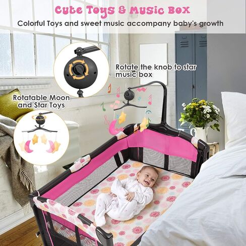 BABY JOY 4 في 1 Pack and Play، سرير أطفال نائم مع سرير، 3 ارتفاعات قابلة للتعديل، صندوق موسيقى، سهل التركيب، سرير أطفال قابل للطي مع طاولة تغيير، ملاعب لعب من حديثي الولادة إلى الأطفال الصغار in Saudi Arabia