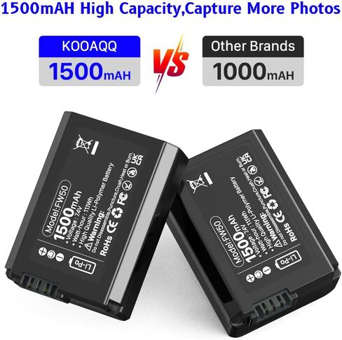 بطارية كاميرا NP-FW50، بطارية بديلة 1500 مللي أمبير في الساعة لسوني ZV-E10، A6400، A6000، A6500، A6300، A6400، A7، A7 II، A7R II، A7S II، A7S، A7R، RX10-3818 - قطعتان in Kuwait