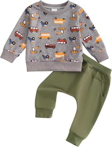 Toddler Baby Boy Long Sleeve Crewneck Car Pattern Sweatshirt Pants Two Piece Cartoon Outfits Fall Winter Clothes in Saudi Arabia
