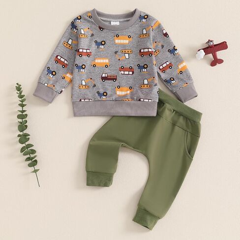 Toddler Baby Boy Long Sleeve Crewneck Car Pattern Sweatshirt Pants Two Piece Cartoon Outfits Fall Winter Clothes in Saudi Arabia