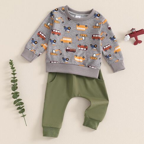 Toddler Baby Boy Long Sleeve Crewneck Car Pattern Sweatshirt Pants Two Piece Cartoon Outfits Fall Winter Clothes in Saudi Arabia