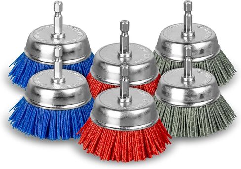 SALI 6Pack 3 Inch Cup Brush Nylon Filament Abrasive Wire Brush Wheel with 1/4 Inch Hex Shank, Three Grits Nylon Drill Brush Set for Removal of Rust Corrosion Paint in Saudi Arabia