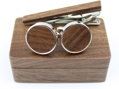 Vintage Walnut Wooden Cufflinks and Tie Clip Bar Set With Walnut Organizer Box for Men Father Husband Boyfriend Christmas Gift in Kuwait