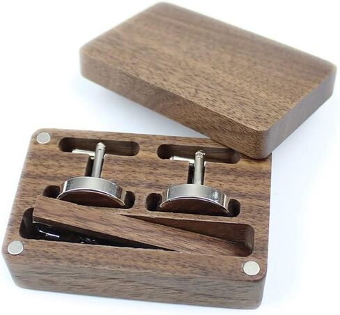 Vintage Walnut Wooden Cufflinks and Tie Clip Bar Set With Walnut Organizer Box for Men Father Husband Boyfriend Christmas Gift in Kuwait