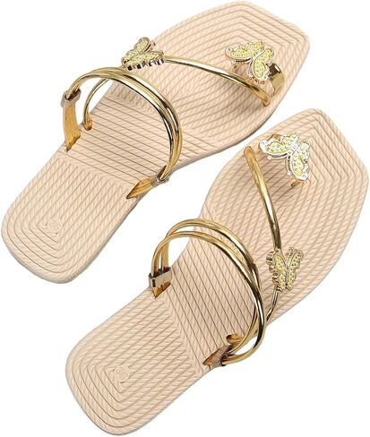GORGLITTER Women's Butterfly Rhinestone Sandals Dressy Metallic Sparkly Strappy Slip on Slide Flats Sandal Gold 7 in Saudi Arabia