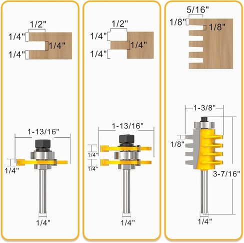 3PCS Reversible Finger Joint Router Bit & Tongue and Groove Router Bit 1/4 Inch Shank Woodworking Carbide Joinery Wood Milling Cutter for Cabinet Door, Frames and More in Kuwait
