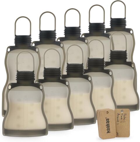 مجموعة أكياس تخزين حليب الثدي من السيليكون من هاكا (8.8 أونصة و4.4 أونصة) - حقيبة فريزر قابلة لإعادة الاستخدام للأمهات المرضعات - حقيبة طعام الأطفال اللذيذة - حقيبة مضخة الثدي - خالية من مادة BPA - مضادة للتسرب - 10 قطع in Kuwait