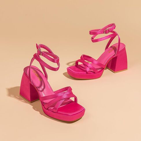 Amoji Women's 4 Inch Platform Chunky Heel Strappy Ankle Strap Block Heeled Sandals 305 in Kuwait